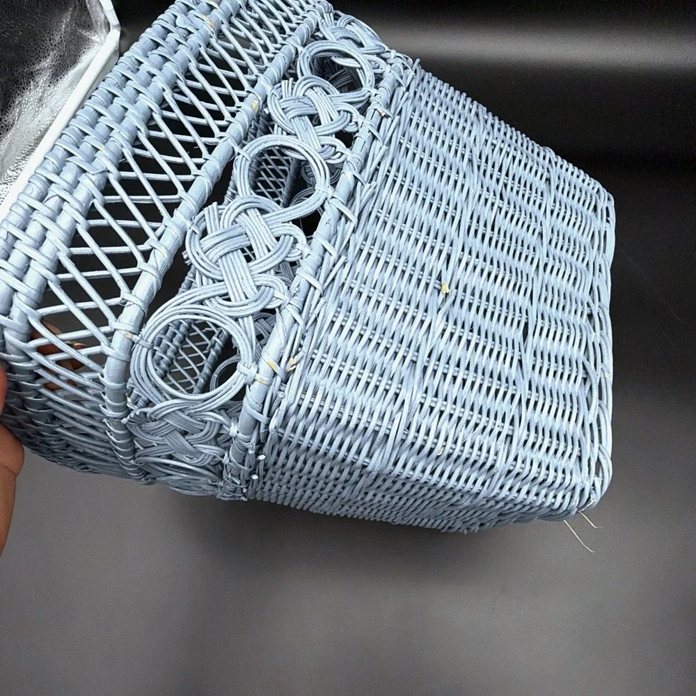 VTG Wicker Basket Light Blue Painted Braided Knot Openwork Lattice Decor
